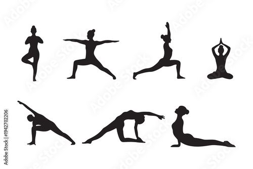 Set of 7 Black Yoga Poses Vector Silhouettes for Health, Wellness, and Fitness Designs, Isolated on White Background for Exercise and Meditation Concepts