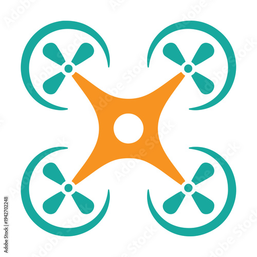 A stylized quadcopter drone with four teal propellers and an orange central body.