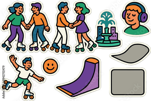 Colorful retro roller skating characters and urban elements in sticker style