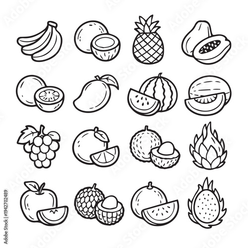 Vector illustration of various tropical fruits including bananas, coconuts, pineapples, and mangoes. Features 16 different fruit designs, perfect for culinary projects or educational materials.