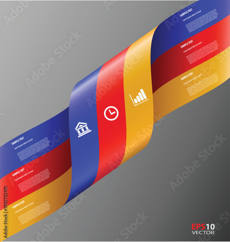 3-Option Business Ribbon Infographic. Vector Illustration of a Tri-Color Twisted Ribbon with Sample Text and Professional Icons on a Dark Gradient Background.