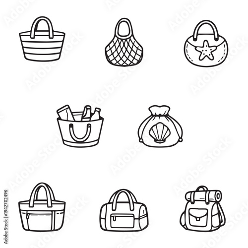 Collection of eight vector illustrations featuring different beach bag styles, including totes, backpacks, and pouches. Each design is unique, showcasing practical and trendy options.