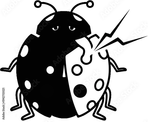 A cartoon ladybug with a broken shell and lightning bolts emanating from the damage