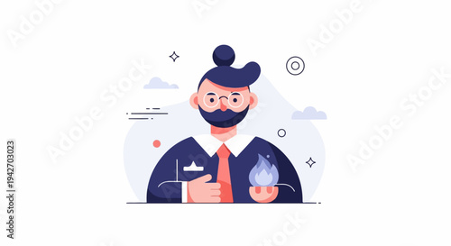 A cartoon man with a bun, beard, and glasses holds a flame