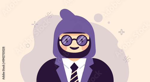 A cartoon man with glasses and a purple hood wears a suit