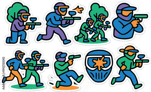 Colorful paintball action scene in bold sticker style with players and masks