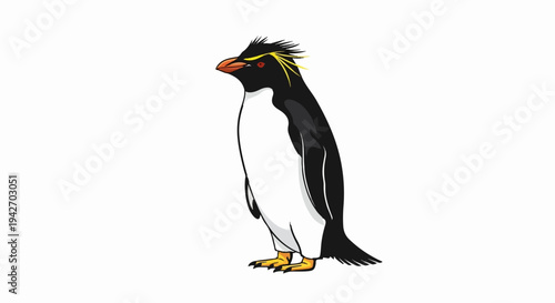 A cartoon penguin with yellow crests and red eyes stands on white background