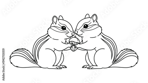 Two Chipmunks Sharing a Nut: A charming black and white illustration depicts two adorable chipmunks holding and sharing a single nut, showcasing a sweet moment of camaraderie.