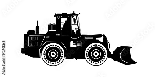 Vector detailed silhouette of excavator snow-plow tractor isolated on transparent background. Black and white vehicle icon. Vector PNG