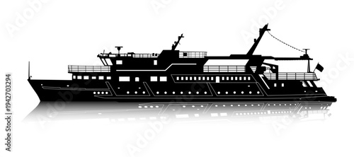 Silhouette of touristic pleasure boat with shadow or water reflection isolated on transparent background. Vector PNG