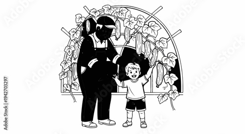 Farmer and child joyfully harvest cucumbers from a vine structure