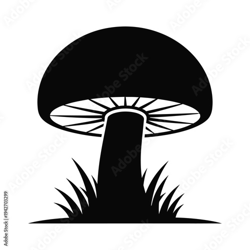 Black and white illustration of a mushroom in a grassy field