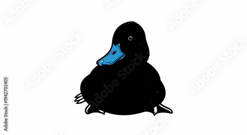 A cartoon-style black duck with a bright blue beak sits facing forward