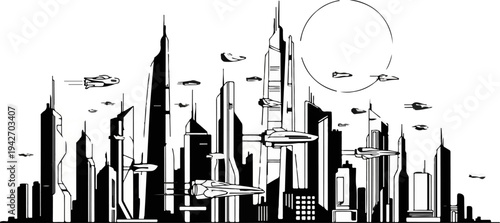 Futuristic city skyline with flying vehicles under a large circular object