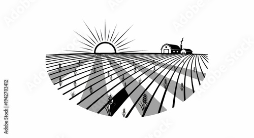 A farm with a barn, fields of grain, and a sunburst at sunrise