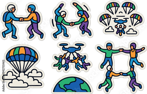 Colorful skydiving adventure stickers with parachutes and people in action