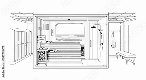Interior view of a spa with lockers, sauna, shower, and seating