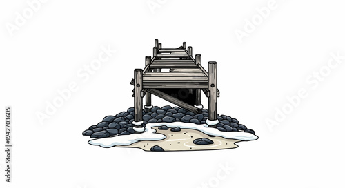 Old wooden pier on a rocky shore with snow and sand