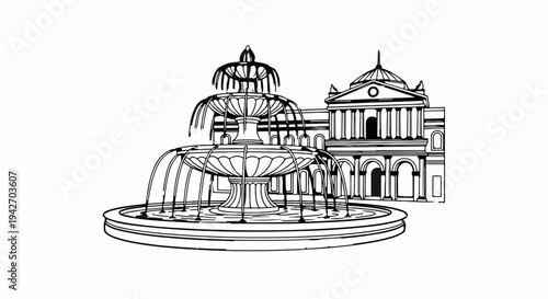 Ornate fountain in foreground with classical building behind