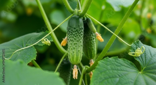 Crisp Young Cucumbers with Yellow Blossoms Ripening on a Lush Garden Vine.