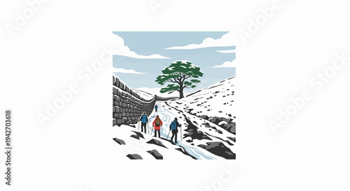 People hike on a snow-covered path next to a stone wall, under a large tree