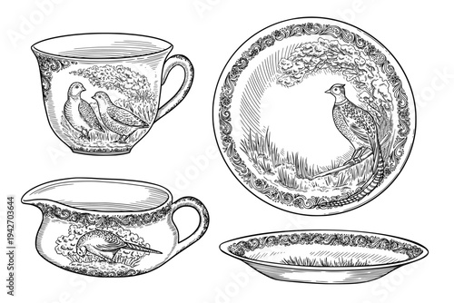 Vintage porcelain dishware set with graceful pheasant motifs. Realistic hand drawn vector outline graphic artwork. Perfect for card design. Ideal for elegant tableware decor and nostalgic holiday art.