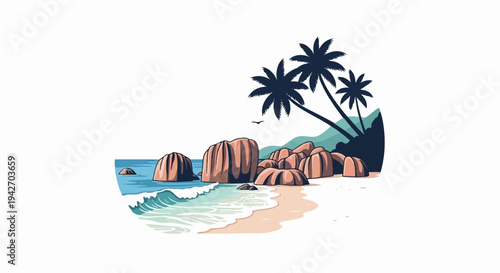 Pixel art tropical beach scene with palm trees, rocks, and waves