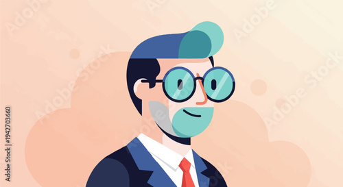 A stylized portrait of a man in a suit with distinctive blue hair and glasses