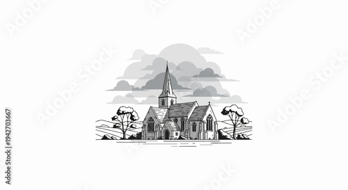 A church with a steeple stands amidst rolling hills and trees