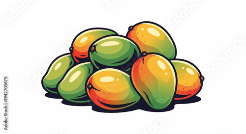 A vibrant pile of green and orange mangoes on a white background