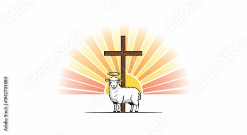 A white sheep with a halo stands before a wooden cross and sunburst