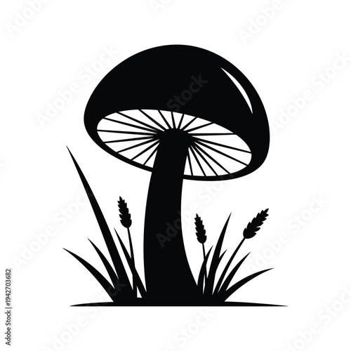 Black and white illustration of a mushroom in a grassy field