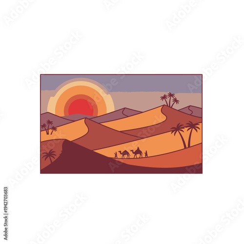Desert Caravan Journey at Sunset.