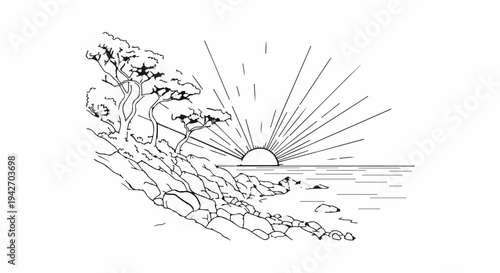 Rocky shore with trees bathed in sun rays over the ocean