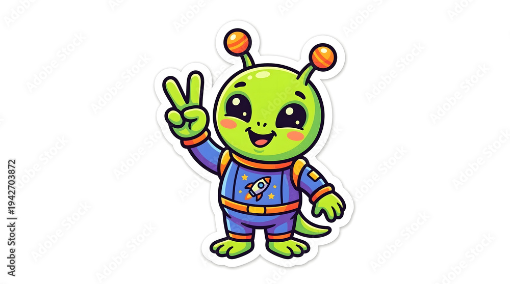 Obraz premium Colorful cartoon space sticker illustration featuring aliens, UFOs, astronauts, rockets, and planets in a playful comic style. Fun sci-fi themed graphic elements isolated on white, perfect for sticker