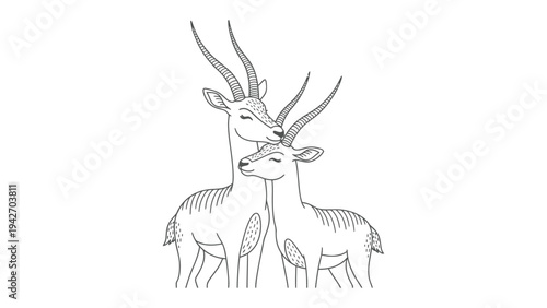 Antelope Line Art: A touching line art illustration features two antelope, in black and white, standing closely, expressing a tender affection and connection.