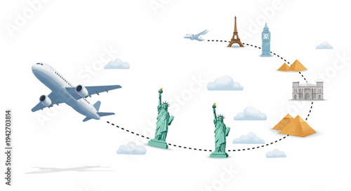 A plane embarks on a global journey, visiting iconic landmarks