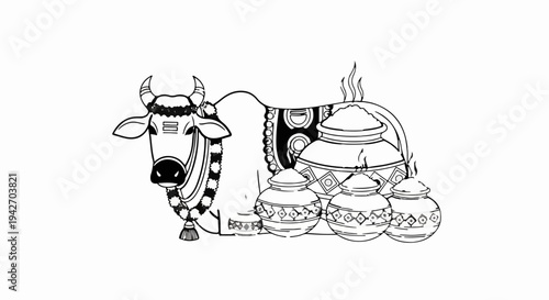 Traditional black and white illustration of a decorated cow with clay pots
