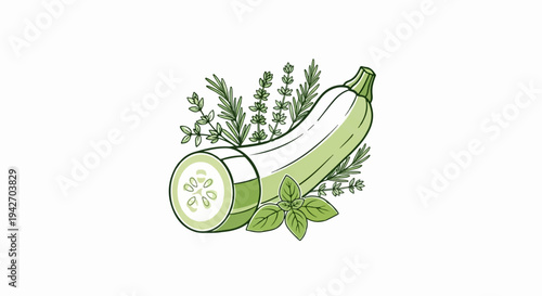 A sliced zucchini rests with fresh green herbs and basil leaves