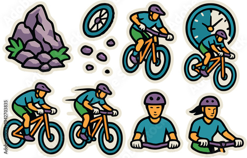 Colorful mountain biking stickers featuring cyclists and gear