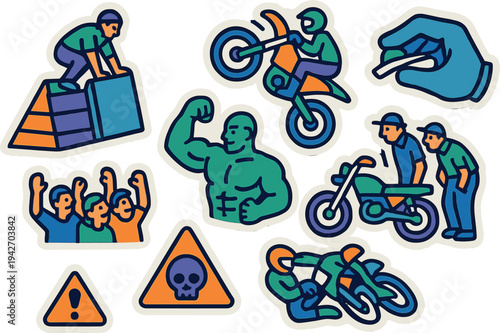 Extreme sports stickers featuring motorcycling, climbing, and weightlifting in bold outline style