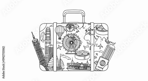 Black and white line drawing of a suitcase filled with travel icons