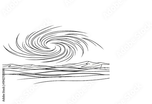 Swirling vortex of wind above undulating terrain, hand-drawn style