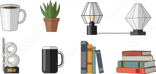A still life with everyday objects mugs, plant, lamps, trophy, books