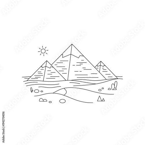Minimalist Line Art Depicting Egyptian Pyramids Under a Sunny Sky.