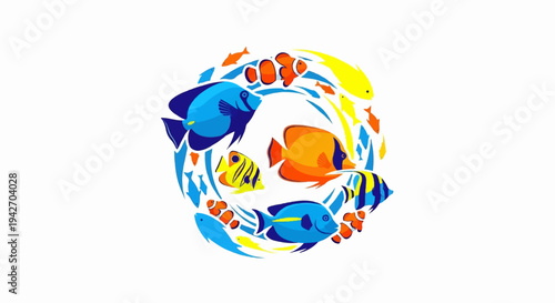 Vibrant school of tropical fish swims in a circular pattern