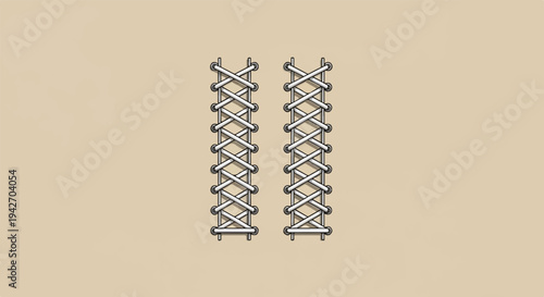 Two columns of white shoelaces, tied with a crisscross pattern, on a beige background