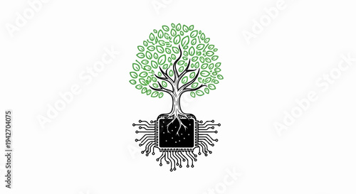 Tree of life with circuit board roots, symbolizing tech growth