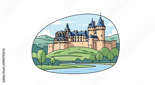 Stylized illustration of a grand castle nestled in a verdant landscape with a river