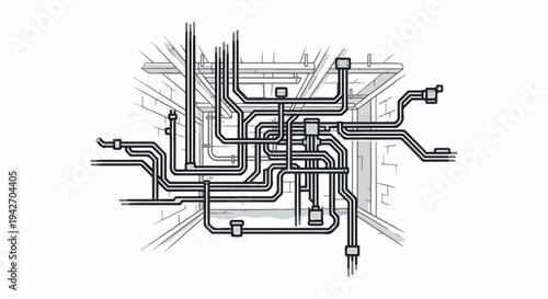 Abstract network of pipes and conduits in a grey, outlined architectural setting